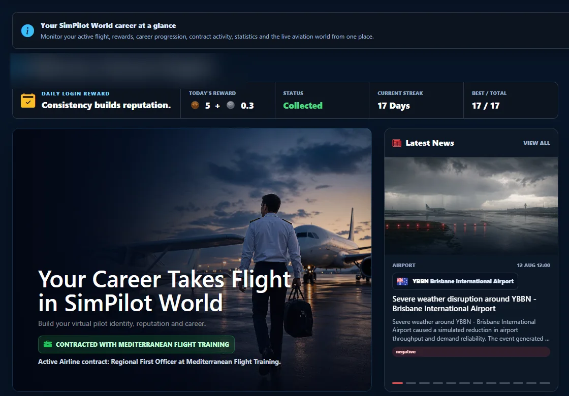 SimPilot World pilot career dashboard